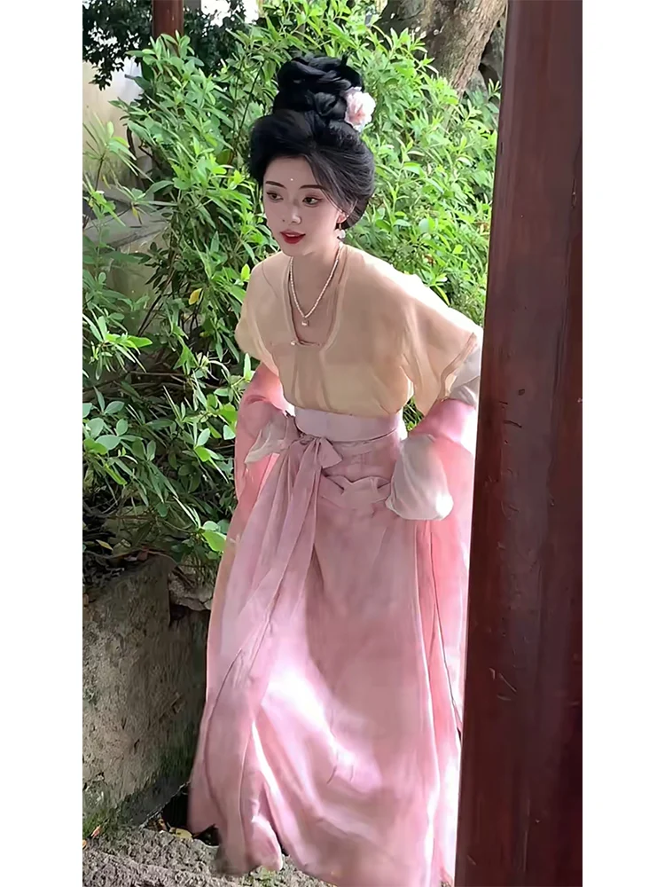 

Tang Dynasty Hanfu round Neck Waist-Length Women's Style Daily Summer Set Traditional Chinese Clothing Qipao Skirt