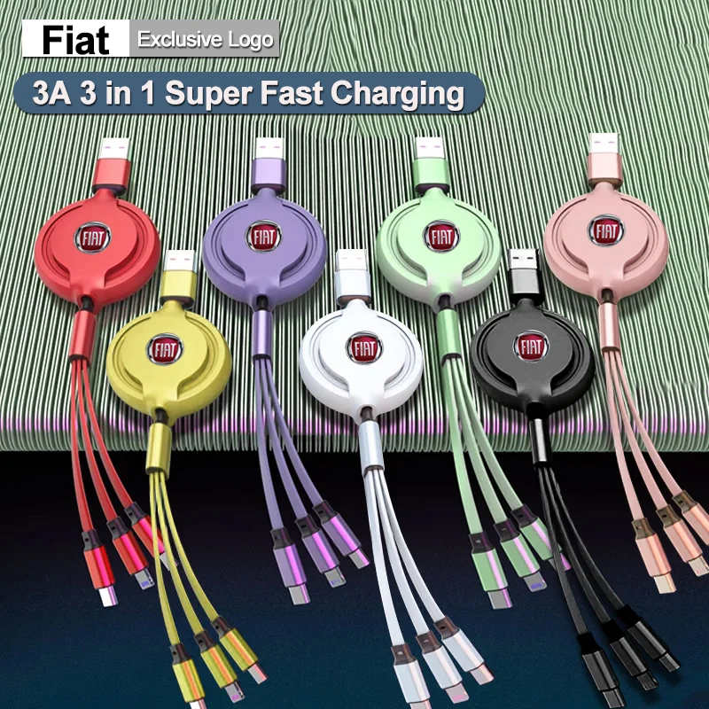 Cable de datos tres en uno para coche Fiat, Cable de carga retráctil para Doblo Stilo Bravo Freemont 500 Argo Pondo FR Abarth Panda Ducato