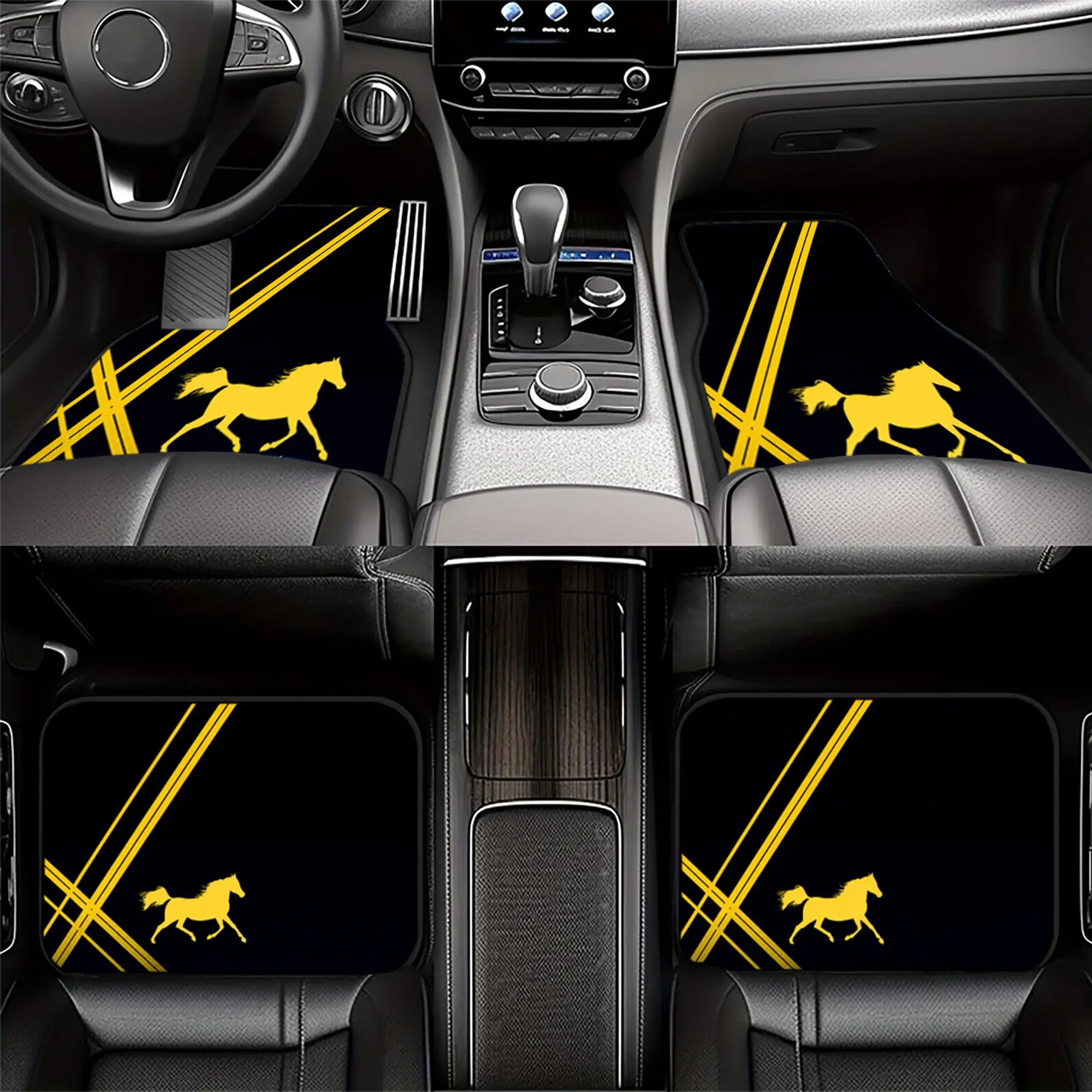 2pcs 4pcs Universal Car Floor Mats, Yellow Galloping Horse Silhouette With Diagonal Stripes On Black Background, Trendy Printed