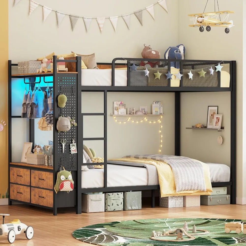 Itaar Litera de metal doble sobre doble con árbol de recibidor, toma de corriente, litera LED con 4 cajones de almacenamiento, cama con barandilla de seguridad