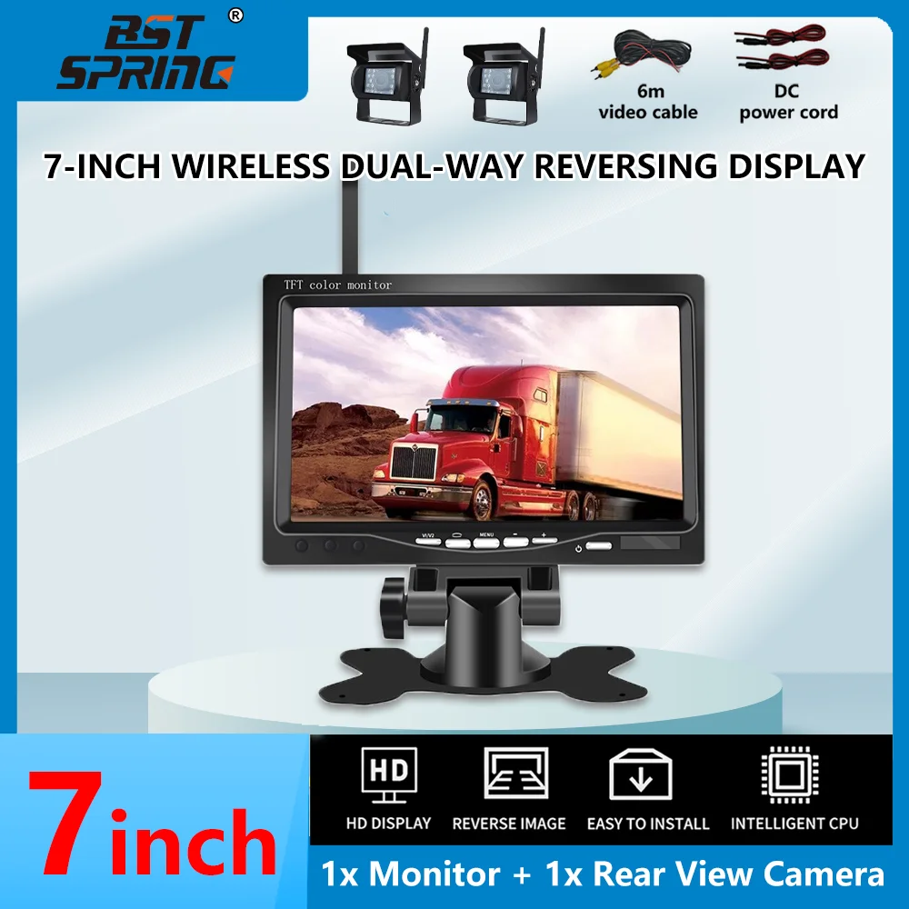 

Bosstar 7 Inch Car Monitor Screen Rear View Camera HD Digital 2 Way Video Input Rearview Image 9V-36V TFT LCD Parking System