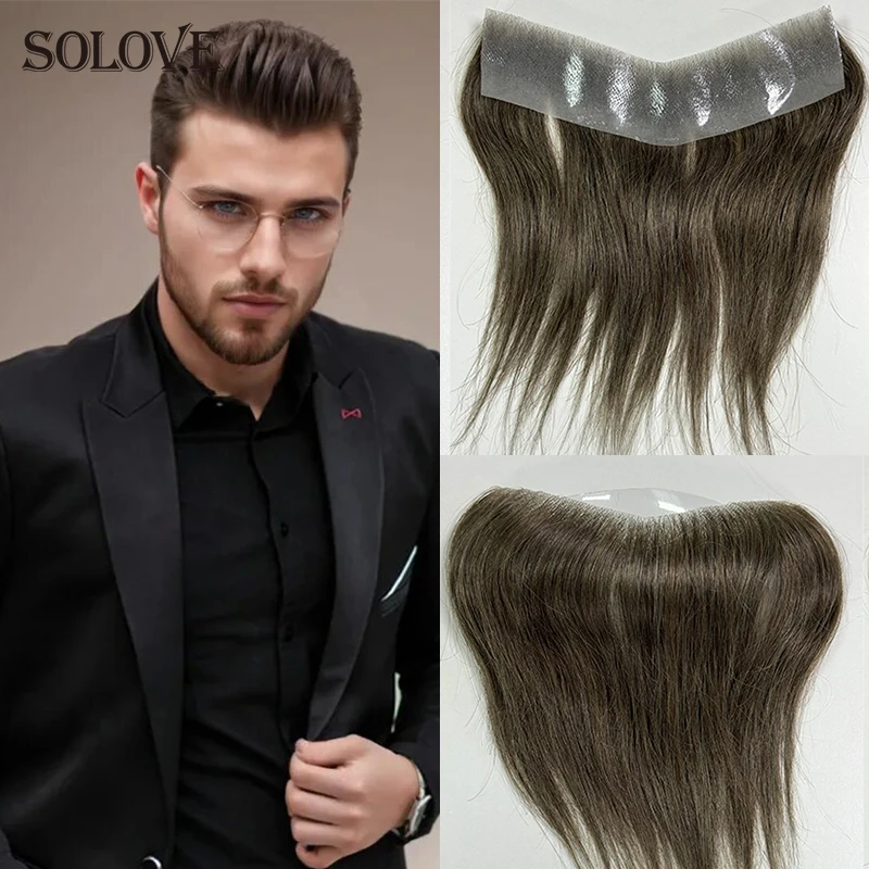 

Men Hairline Toupee Frontal Hairpiece 100% Human Hair V-Shape Replacement System 2.5*16cm Wigs Man Natural Hairline Dark Brown