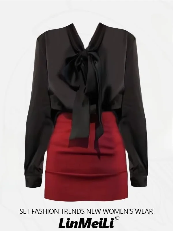 

Корейский модный комплект из двух предметов: атласная блузка с V-образным вырезом и завязками, и приталенная юбка А-силуэта для женщин.