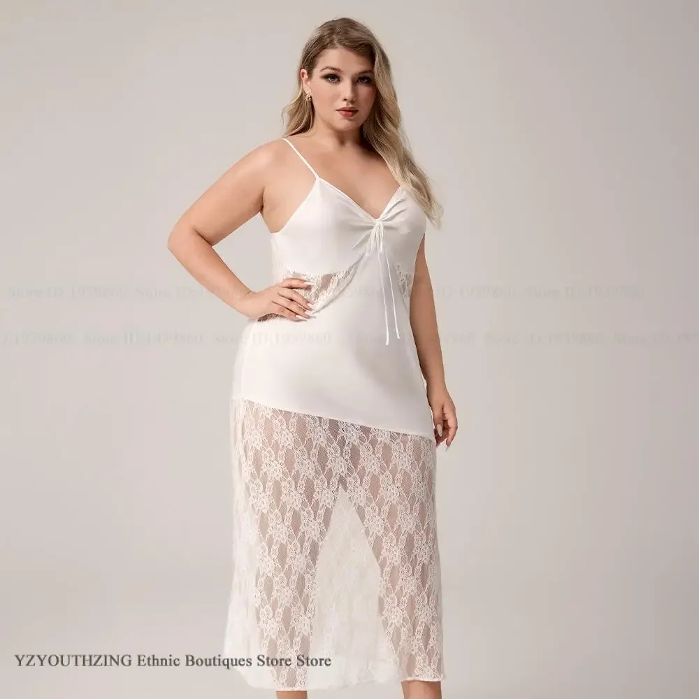 

Oversize Women Suspender Nightgown Lingerie Sexy Patchwork Lace Long Nightdress Chemise Sleepwear Summer Loose Silk Satin Nighty