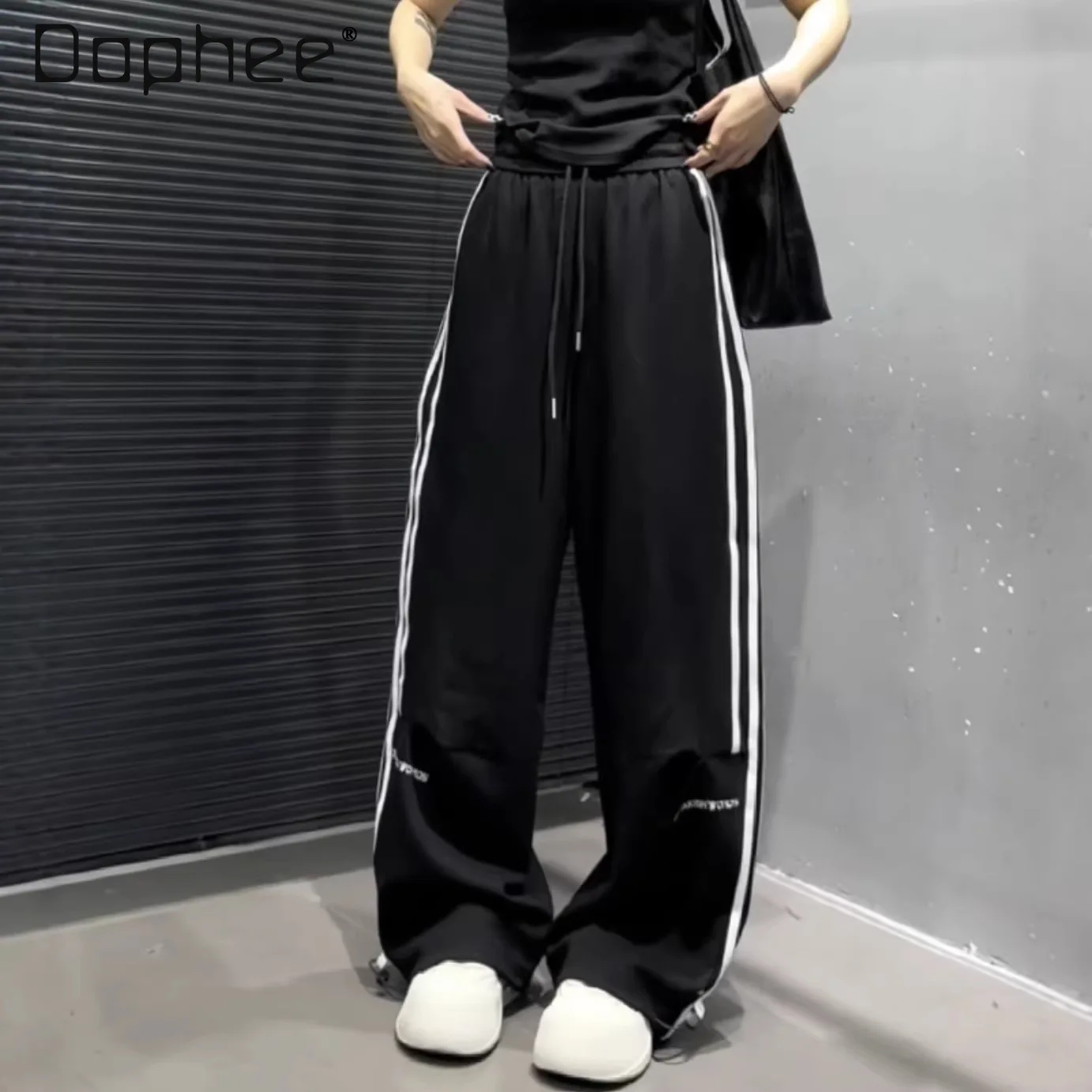 

Casual Pants for Women 2026 Spring New Personality Striped Decorative Letter Embroidery Drawstring Elastic Waist Balck Pants