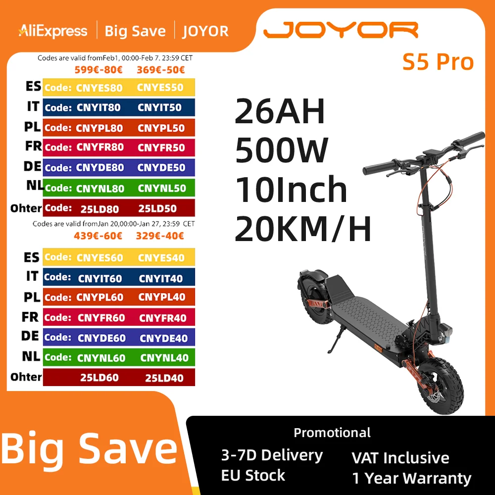 JOYOR S5 Pro Electric Scooter with ABE Certification 10-inch Tires 48V 26Ah Battery, 500W Motor, 25km/h Max Speed 70-100km Range