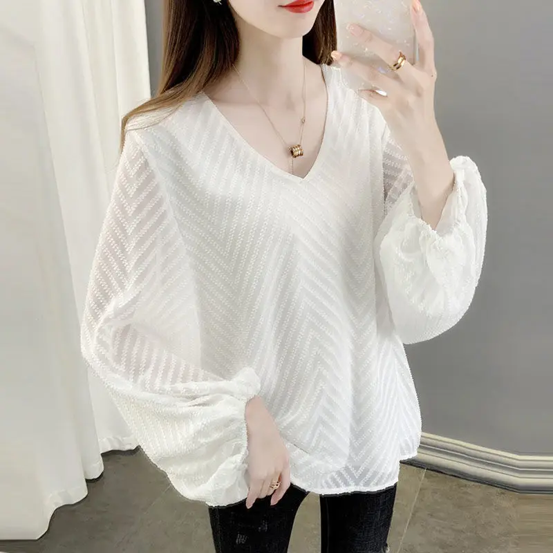 New Trumpet Sleeve Thin Chiffon Shirt Women's Spring European Station Loose Large Size Hedging Outer Wear Top