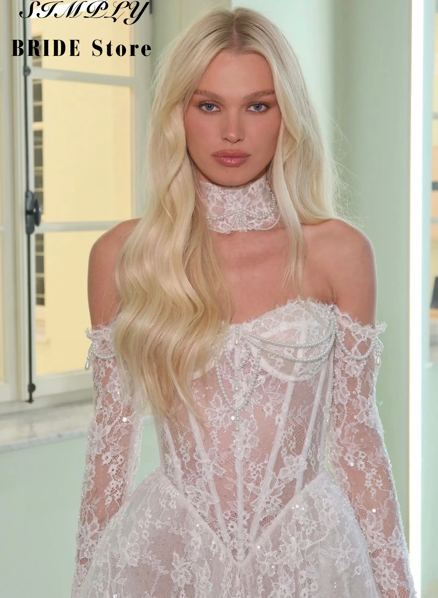 

Customized White Off Shoulder Wedding Dress Long Sleeves A-Line Lace Pearl Embroidery Wedding Gown Elegant Floor-Length Bridal