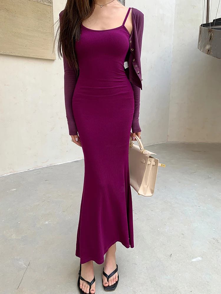 

Корейский шикарный женский комплект из двух предметов, фиолетовый вязаный кардиган с длинными рукавами, топы + сексуальное облегающее платье на бретельках, элегантная женская одежда