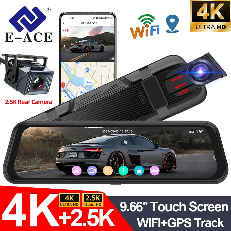 E-ACE 4K Dashcam 9.66'' Mirror Dash Car Camera 2.5K Rear Camera Support WIFI GPS Touch Screen Video Recorder Black Box ﻿