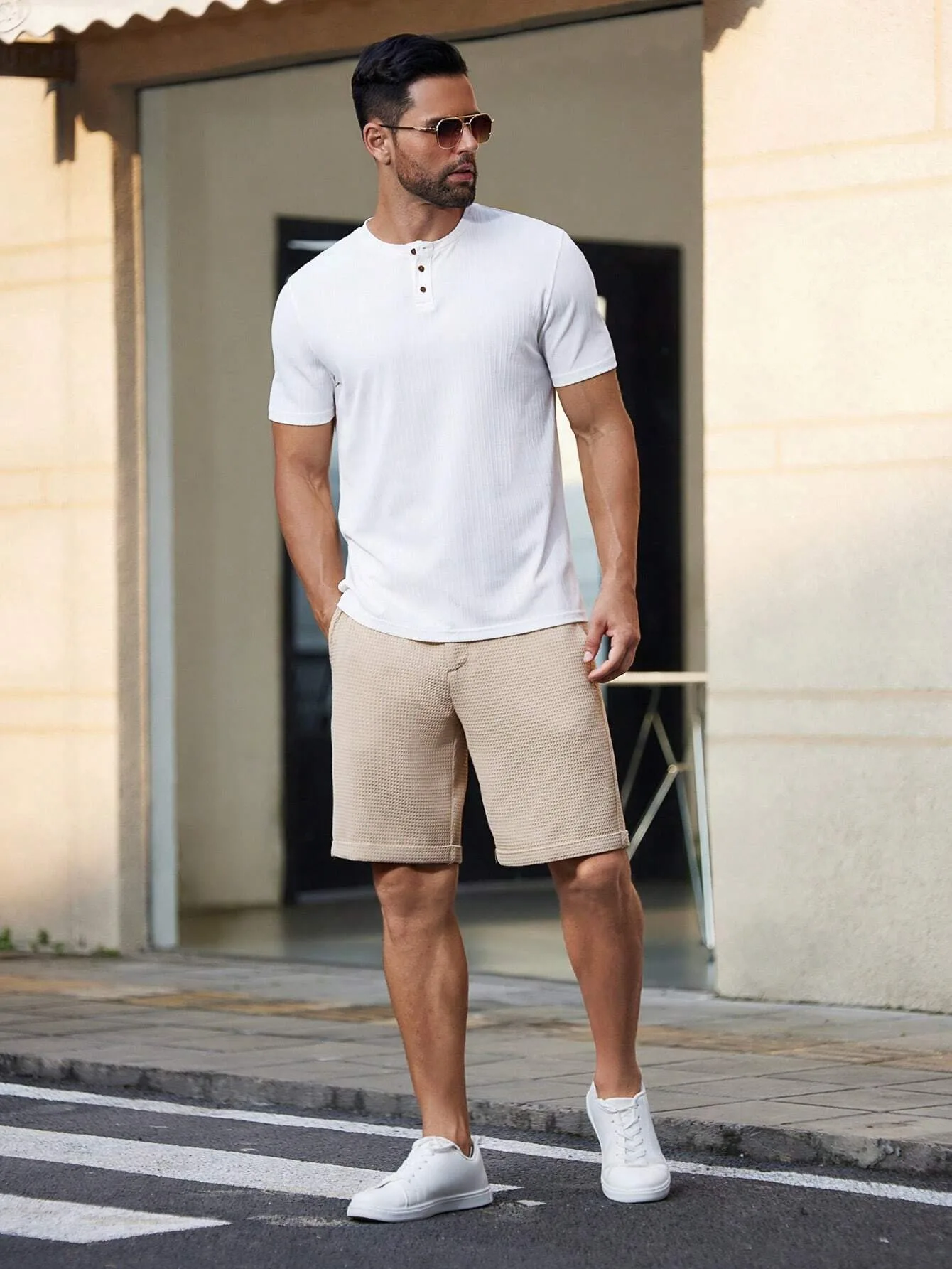 Men's Summer Waffle Textured Stretch Golf Shorts Breathable Solid Color Business Daily Wear Knee-Length Casual Shorts