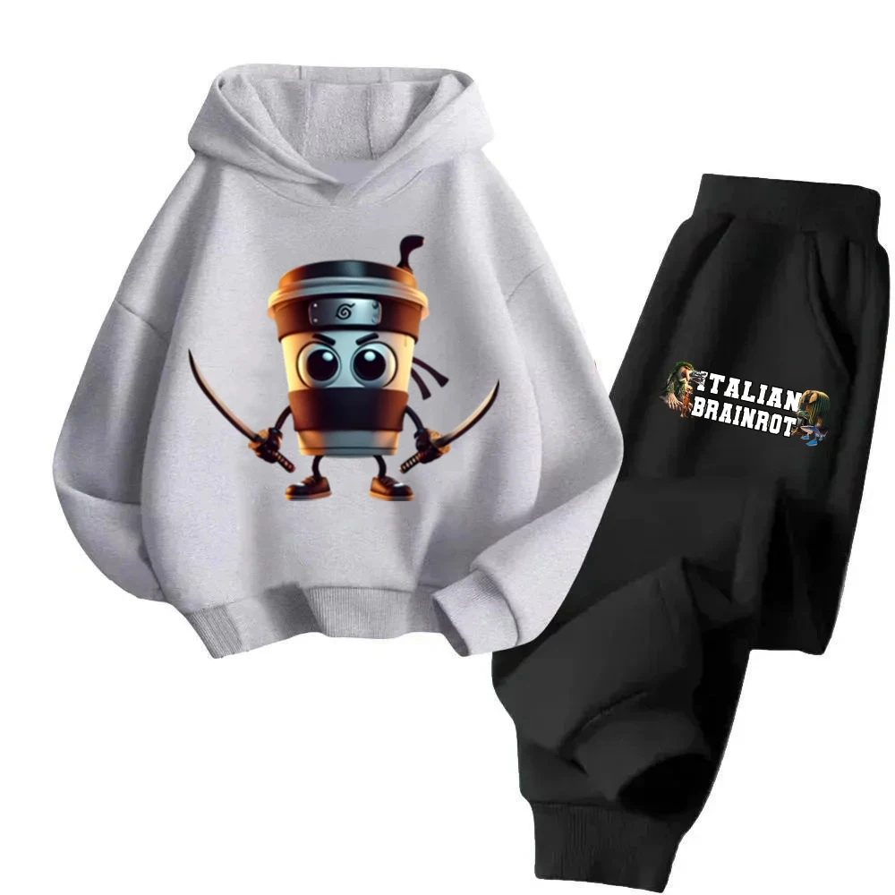 

Funny Cappuccino Assassino Print Boy Girl Hoodies Pants Suit Italian Brainrot Sweatshirt Kids Clothes Anime Trucksuit Coat Sets
