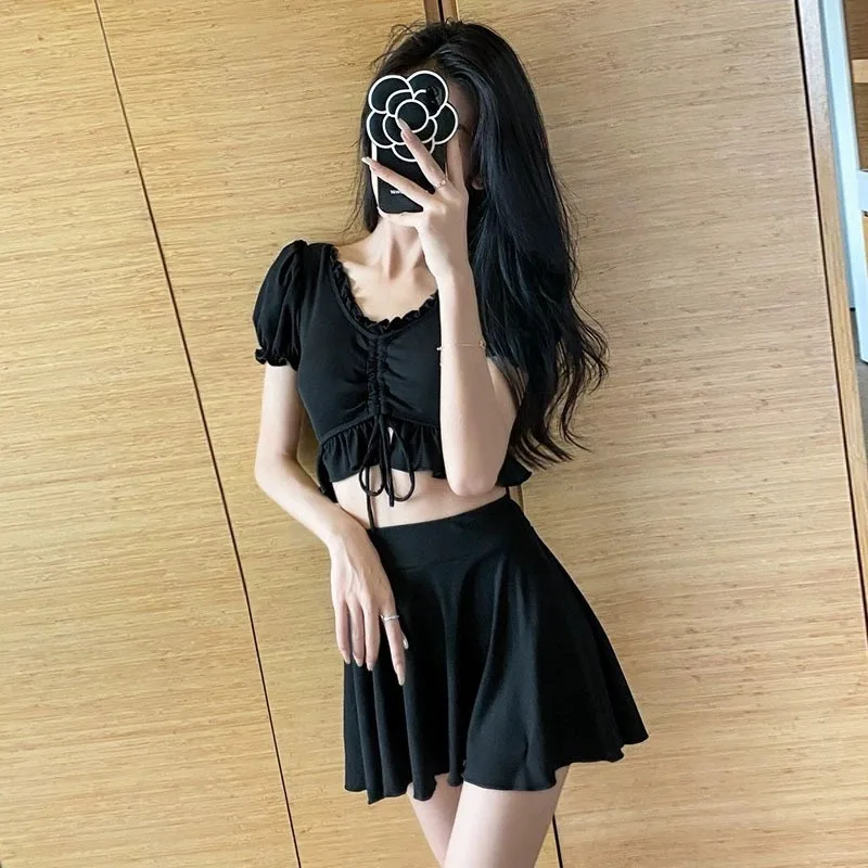 Women's Swim Set Ruffled V Neck Drawstring Puff Sleeve Crop Top With High Waist Flared Skirt Cover Up Sexy Bathing Suit Swimwear