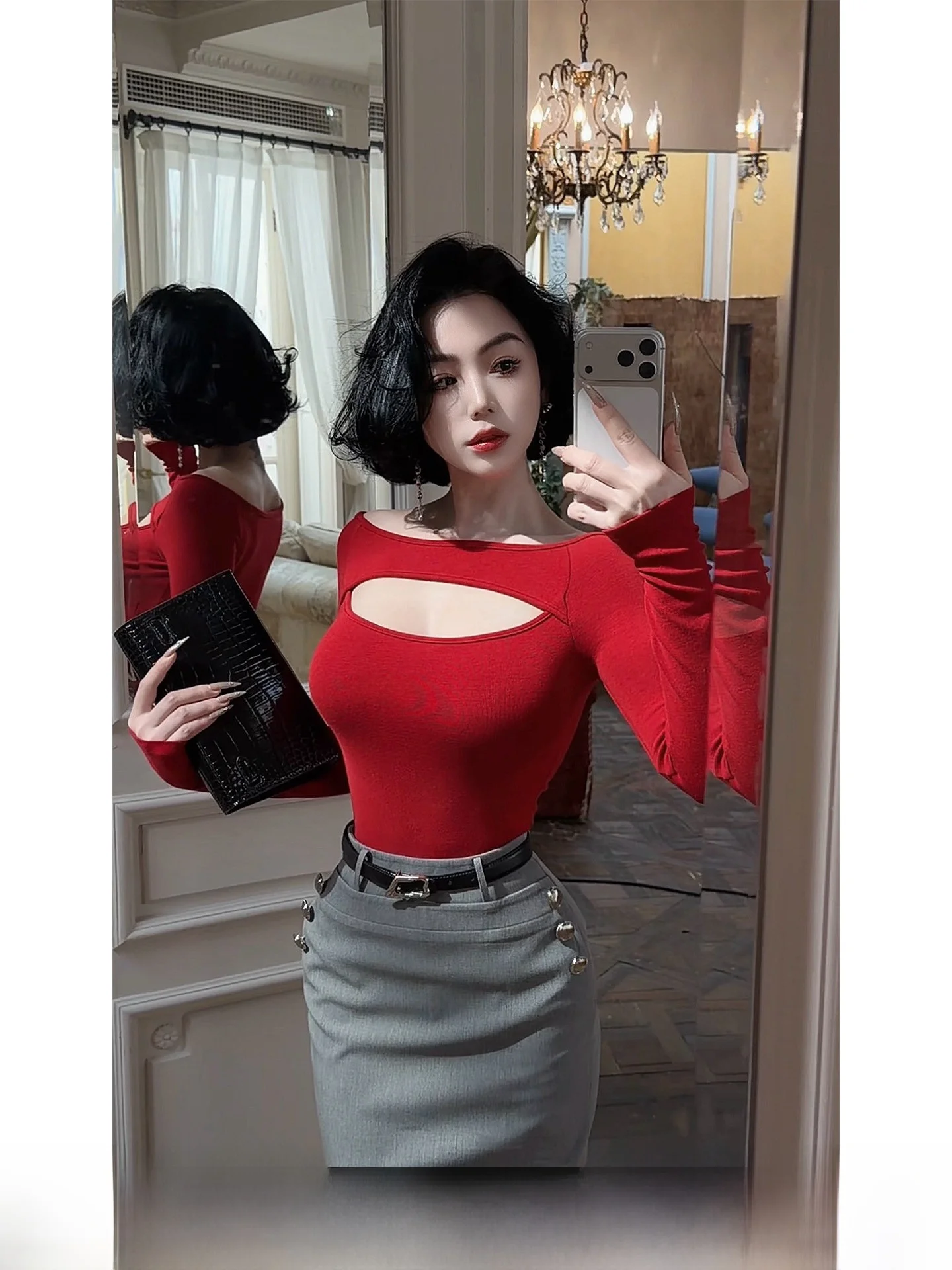 

Красная женская футболка с одним рукавом и длинным рукавом, облегающая, весенняя новинка, Lyxj Pink Trajectory, простой стиль, из смесового хлопка, вязаная.