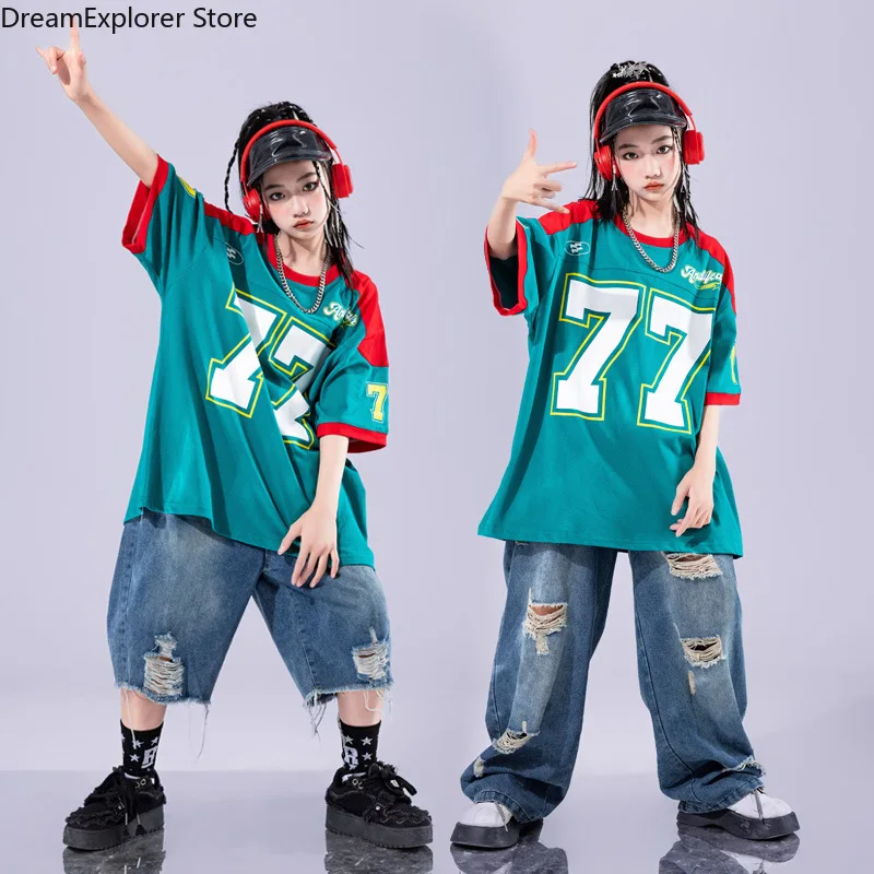 Hip Hop Boys Numbers T-shirt Ripped Jeans Pants Street Dance Shorts Girls K-pop Jazz Costume Children Clothes Set Kid Streetwear