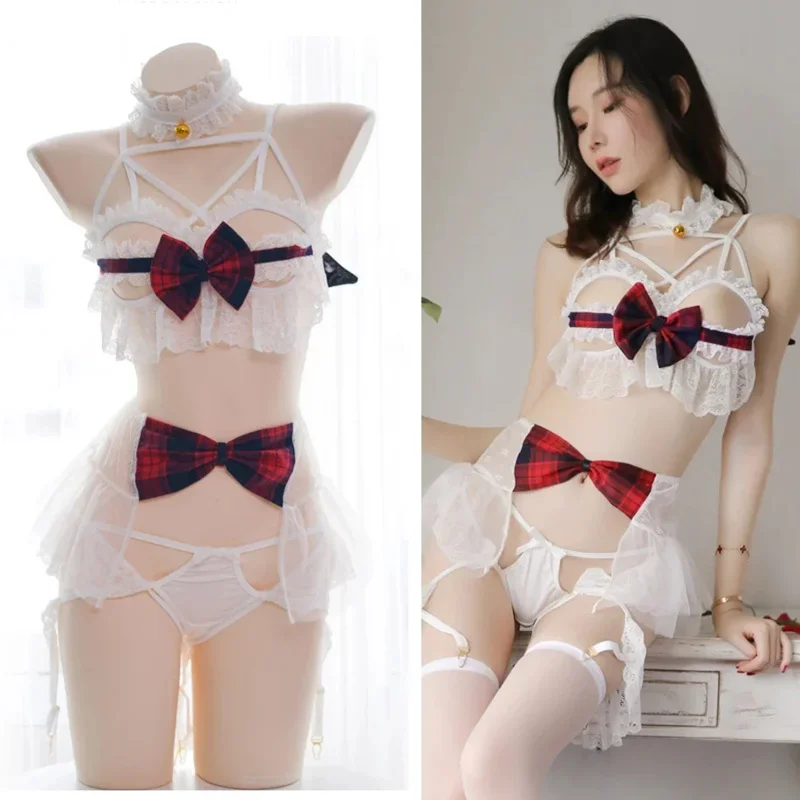 72th Sexy pipistrello di pizzo lingerie PU in pelle piccolo demone donne diavolo cosplay bikini set reggiseno a coppa aperta Lolita Anime ali