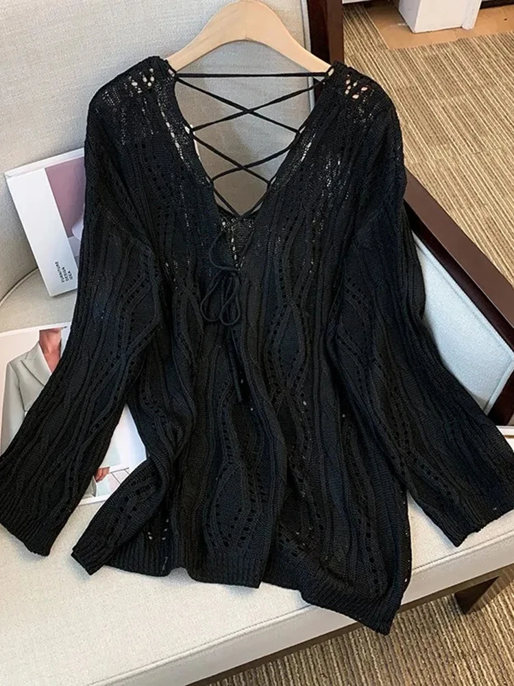 Jmprs Sexy Hollow Out Women Sweater Loose Fashion V Neck Lace Up Knitted Tops Korean Fall Backless Female Blouse