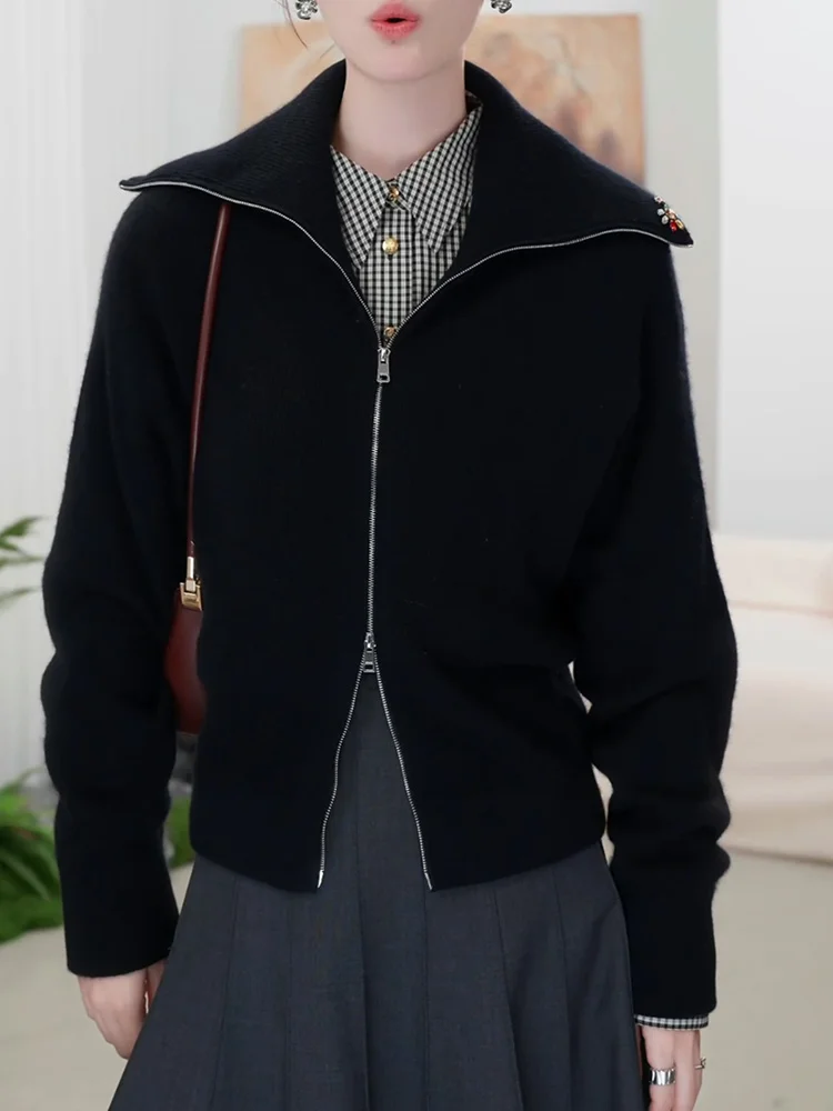 

Корейский шерстяной кардиган на молнии с воротником, повседневный, универсальный, больших размеров, стройнящий топ для осеннего сезона, Snow Dr