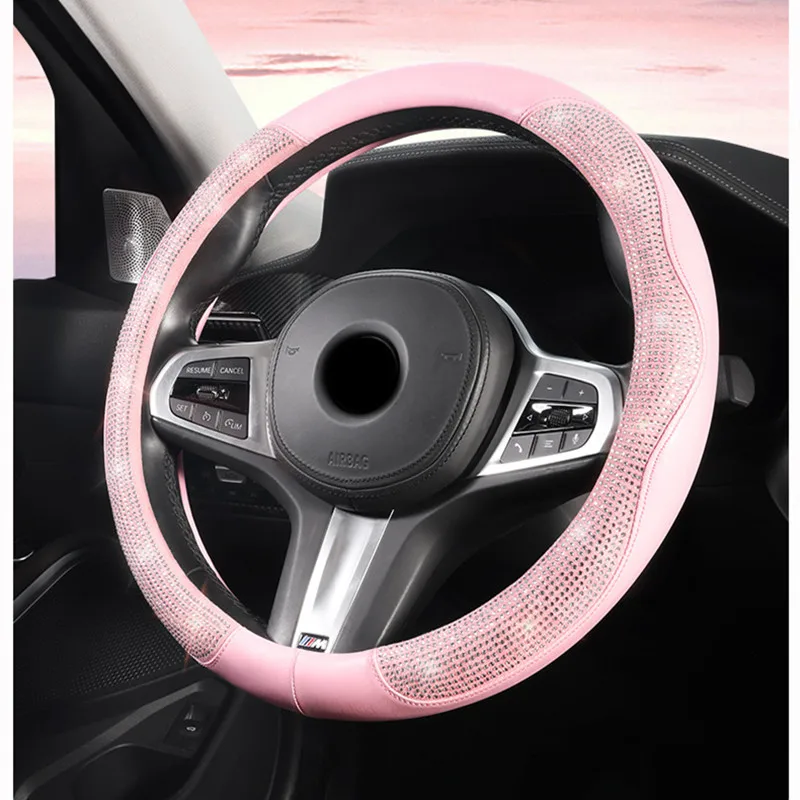 Rhinestones Steering Wheel Cover With Crystal Diamond Sparkling Car Interior Decoration Accessories Protector Fit 15 Inch Vehicl