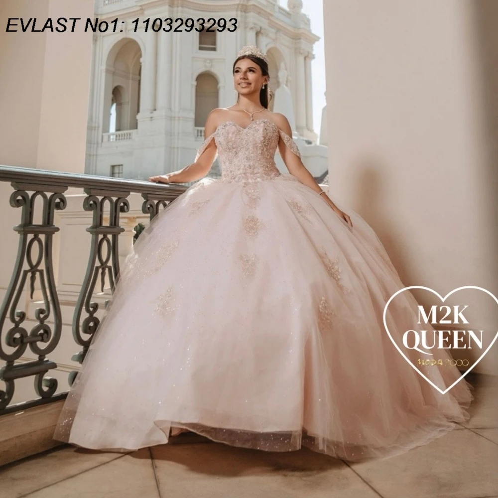 EVLAST Customized Glitter Pink Quinceanera Dress Ball Gown Shiny Lace Applique Beading Bow Sweet 16 Vestidos De 15 Anos E1QN935