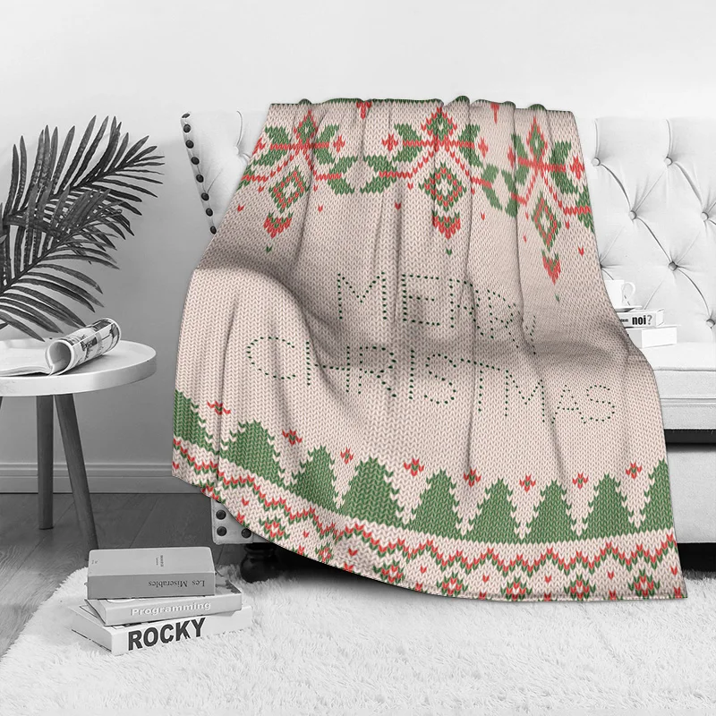 Knit Stitch Christmas Throw Blanket, Subtle Textured Merry Christmas Design, Red Green Snowflake Pattern for Cozy Decor