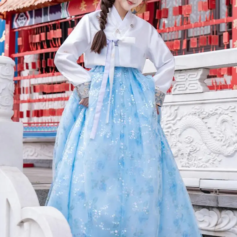 

2026 New Traditional Hanbok Lady Blue Sequins Print Costume North Korea Ethnic Style Trendy Stage Dance Performance Suits