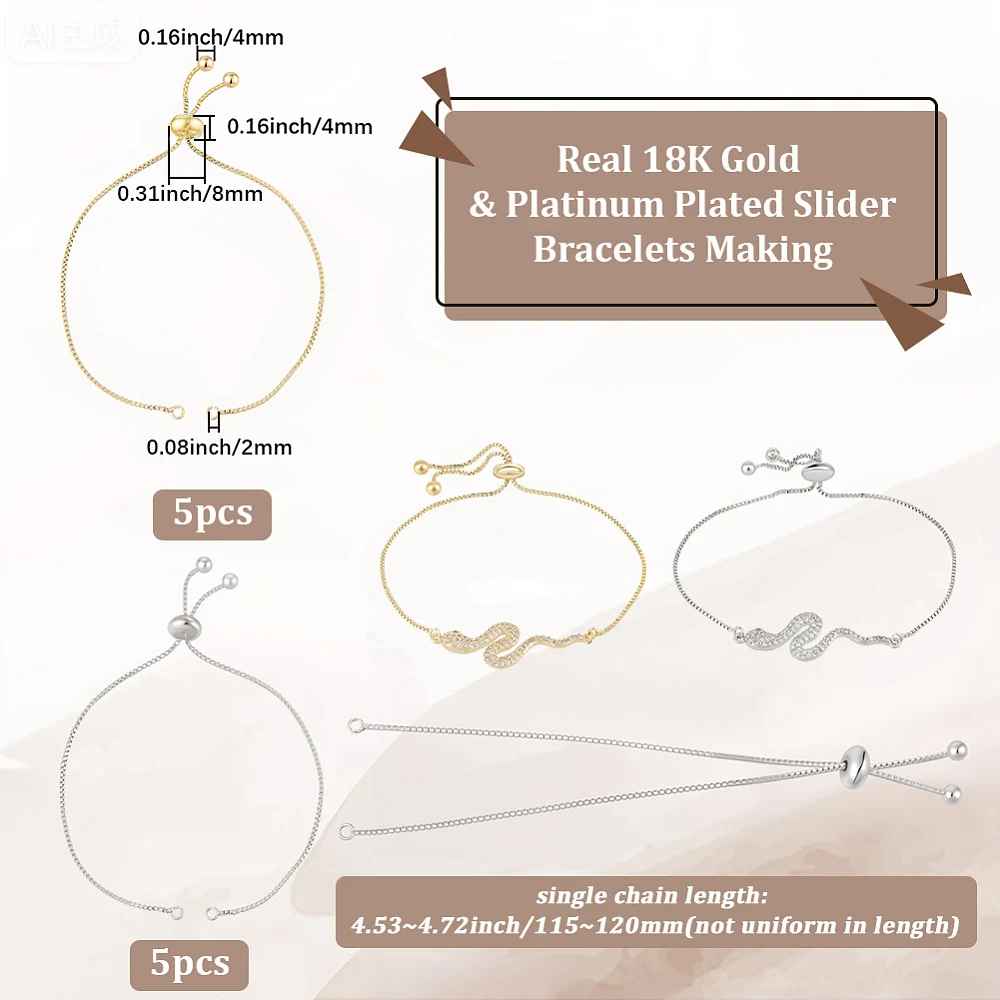 10Pcs 4.5 Inch Adjustable Slider Bracelet Chain 18K Gold Platinum Plated Brass Slider Bracelet Extender for Jewelry Making DIY