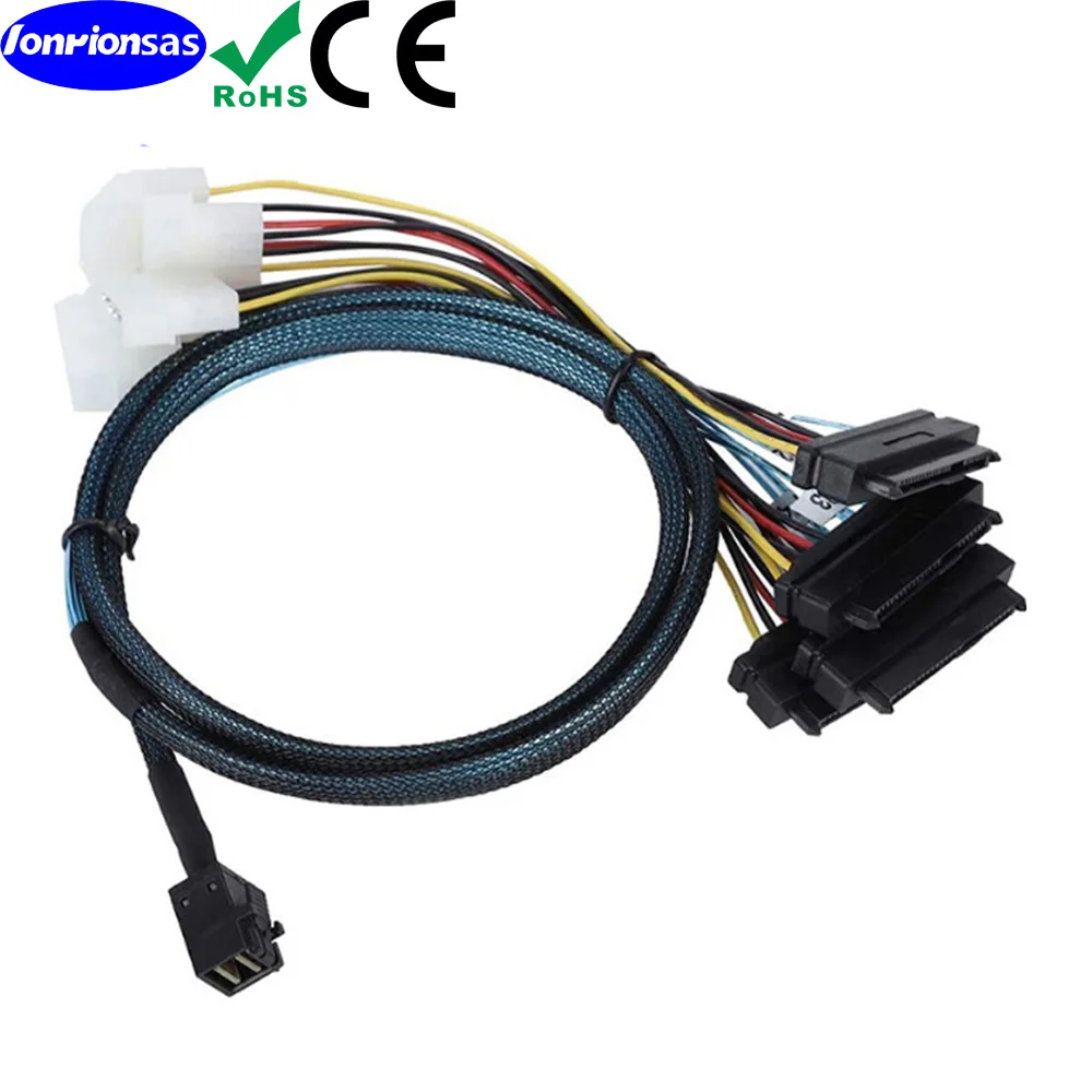 Internal Mini SAS HD SFF-8643 to (4) 29pin SFF-8482 Connectors with Big 4P Power Port Cable 0.5m/1.0m