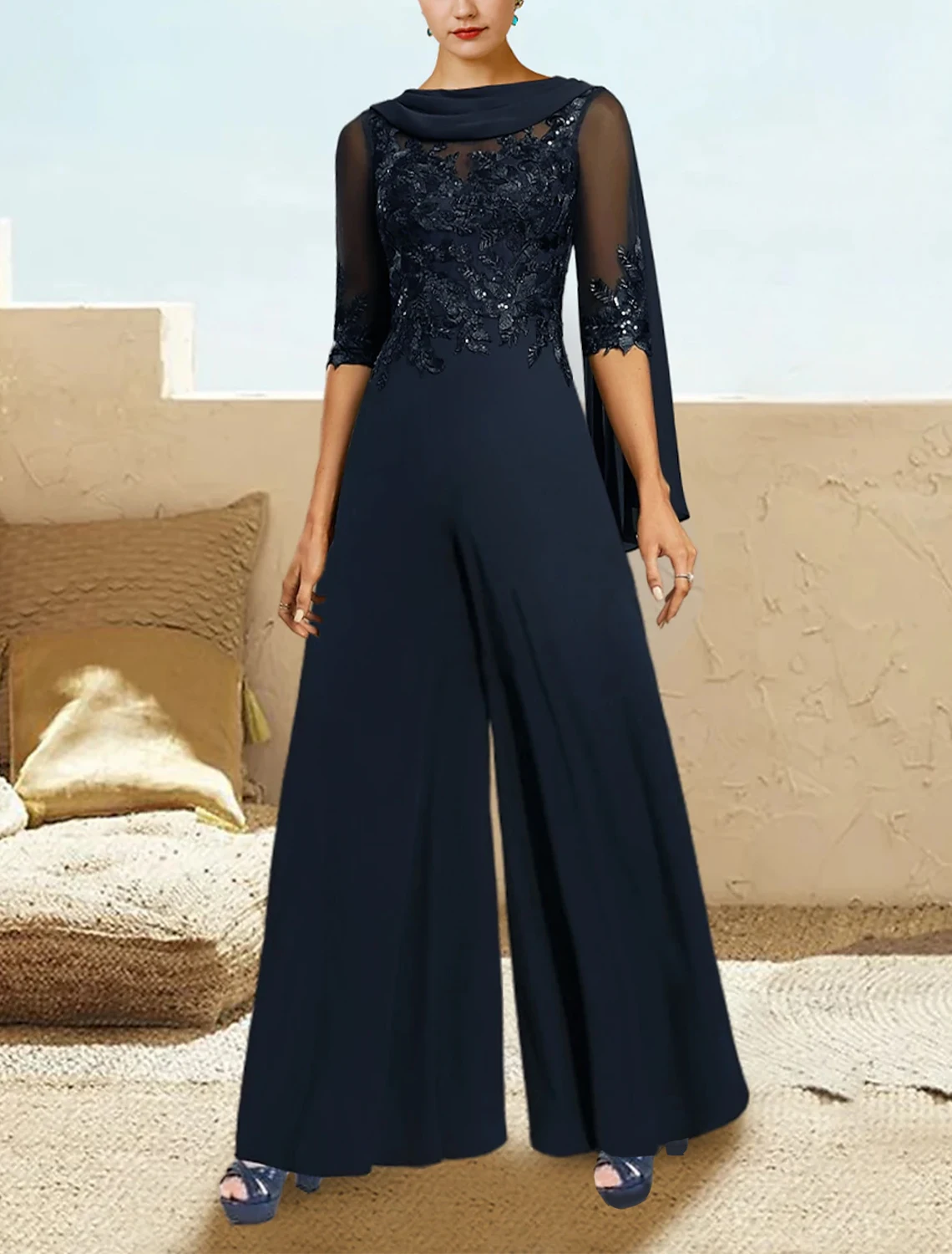 Jumpsuit / Pantsuit Mother of the Bride Dress Formal Wedding Guest Elegant Cowl Neck Lace Sequin Appliques 2025 free customized