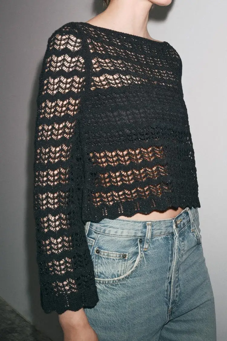 

YY983 ZA25 Summer New Women's Fashion Style Jacquard Hollow Long Sleeve Knitted Shirt 6771064