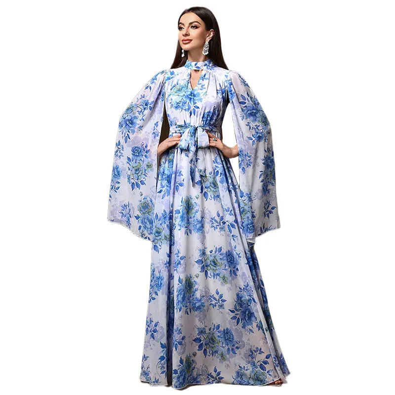 Fashion loose chiffon dress elegant cape sleeves printed wedding bridesmaid dress high-end temperament classic luxury women's cl