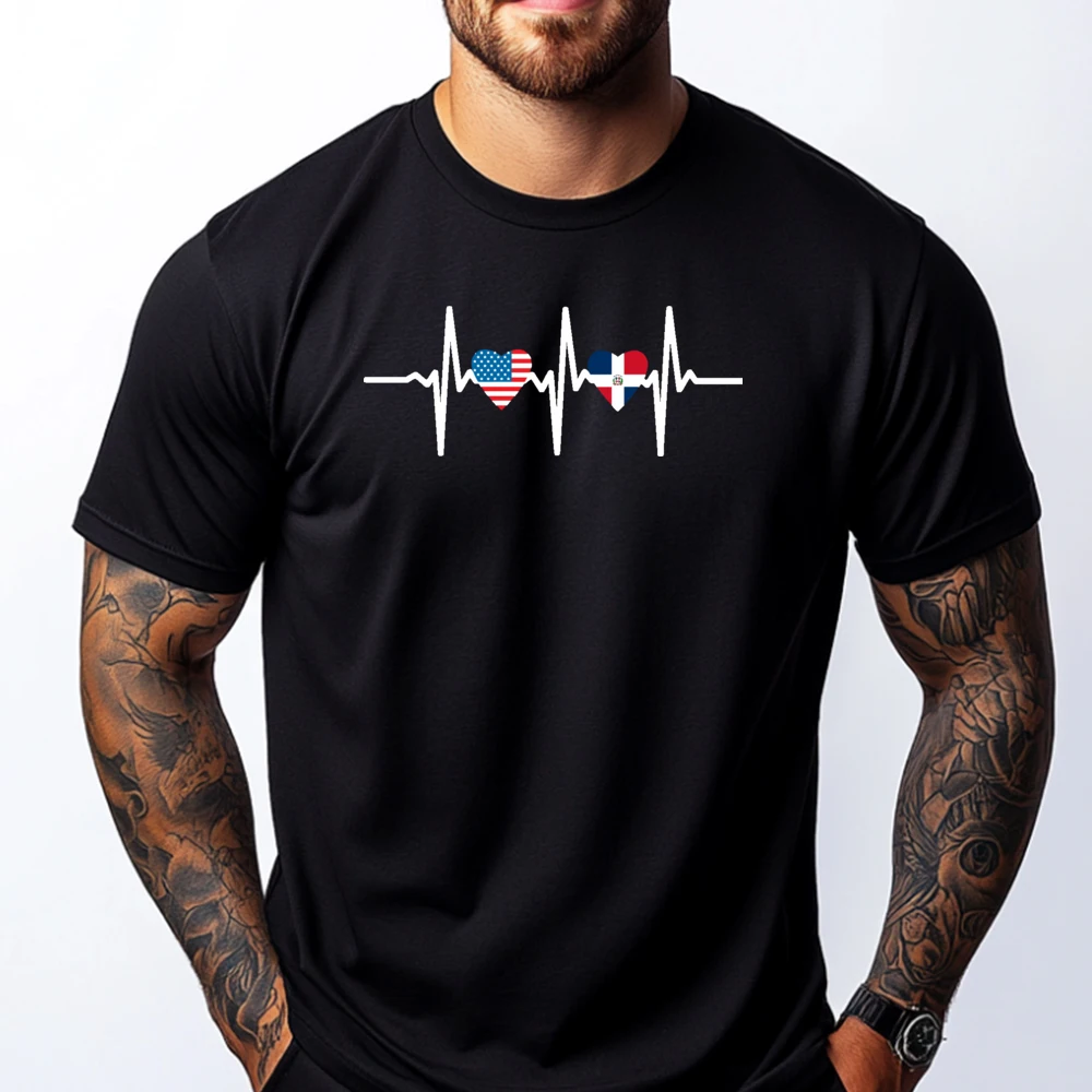 Half Dominican American Dominicana Republic Flag Heartbeat Graphic T Shirts Luxury Brand Vegan Valentine's Day Shirts