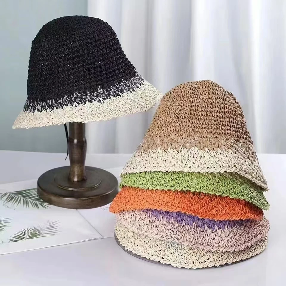 

New 5 Colors Summer Crochet Straw Beach Hat Bucket Cap For Women Spring Fish Hat Outdoor Ladies Hat