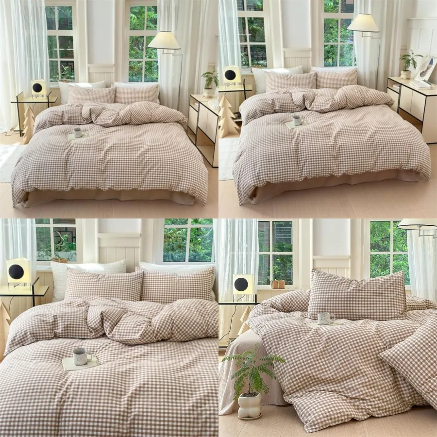 

Duvet Cover Size Tan White Checke Duvet Cover 3 Pieces Grid Dorm Bedding Set with 2 Pillowcases, Soft Breathable Washed Microfi