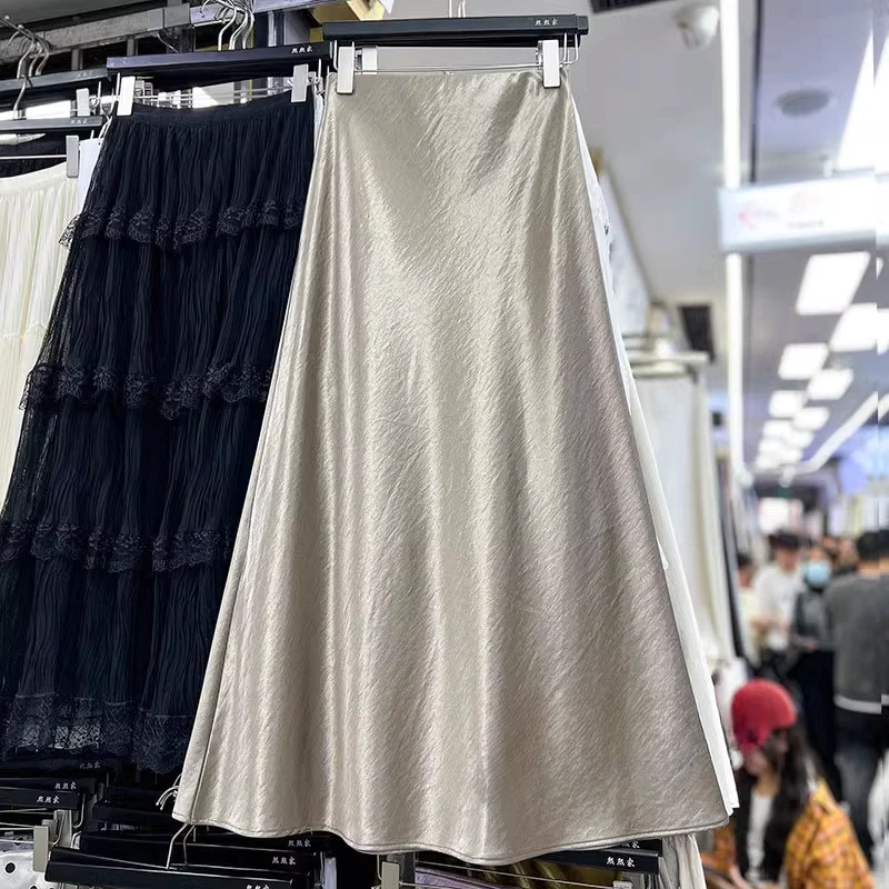 Summer Elegant Long Skirts Women Satin Midi Skirts Office Lady Elastic High Waist Vintage High Street Female A-line Skirt Solid