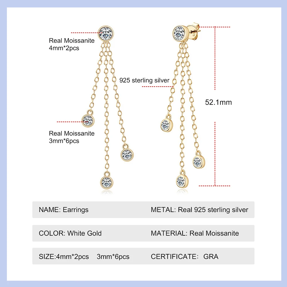 Timerain 3mm 4mm Full Moissanite Long Tassel Earring for Women  925 Sterling Silver Trend Ear Wire Earrings Girls Fine Jewelry