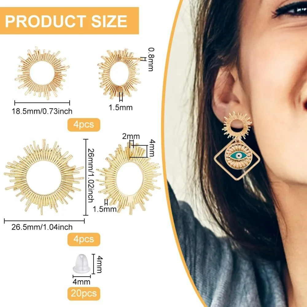 8PCS Real 18k Gold Plated Brass Earrings 2 Sun Shaped Earring Accessories with 20 Pieces of Plastic Ear Plugs for Earrings