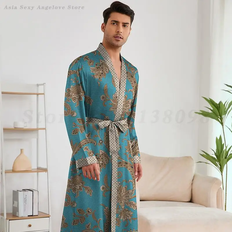 Print Flower Men\'s Sleepwear Long Sleeved Robe Shorts Pijamas Set Loose Casual Bathrobe Kimono 2025 Spring Summer 2PCS Pyjamas