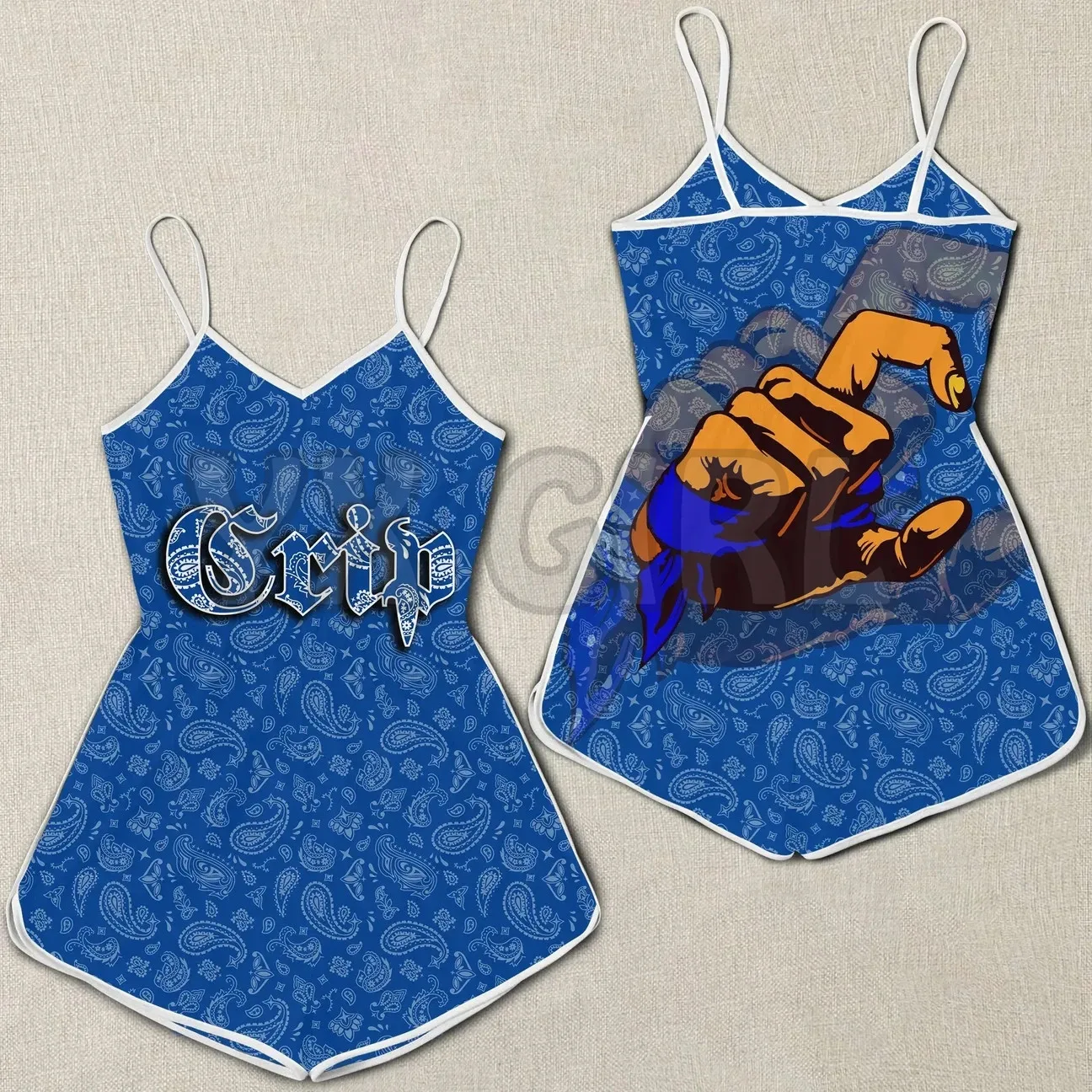YX GIRL Crips Girl Romper Wanita Bandana Biru Romper Cetak 3D Seluruh Bagian Pakaian Bohemia Wanita Musim Panas