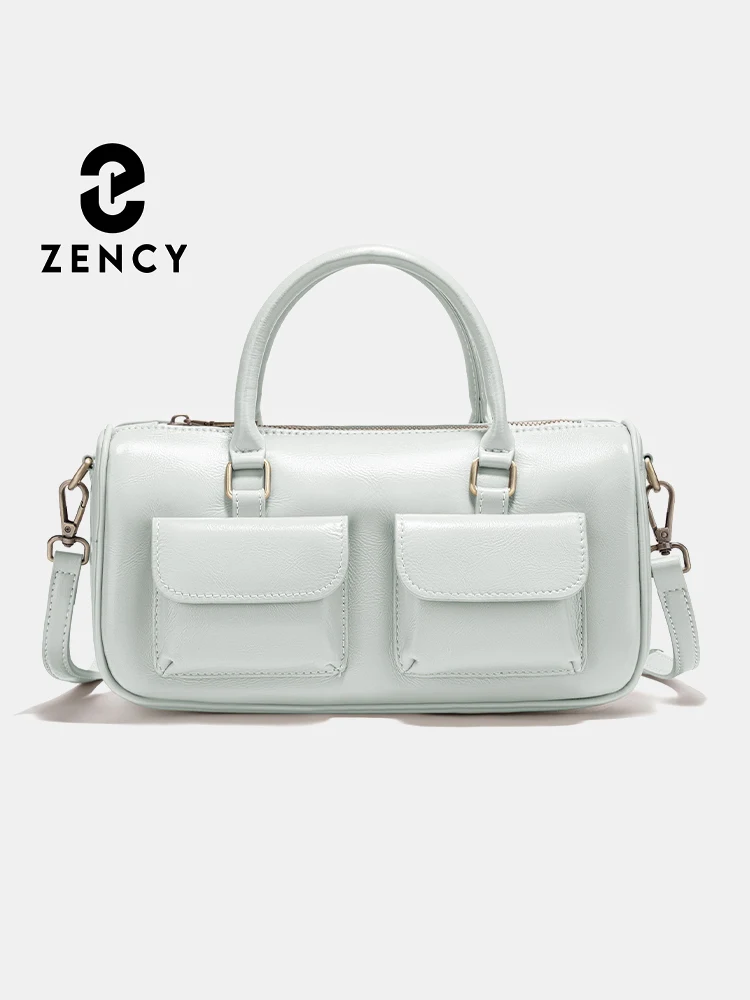 

Zency Blue Grey Cowhide Leather Design Handbag Women Shoulder Bag Multi-functional Crossbody Bags Front Pockets for Earphone