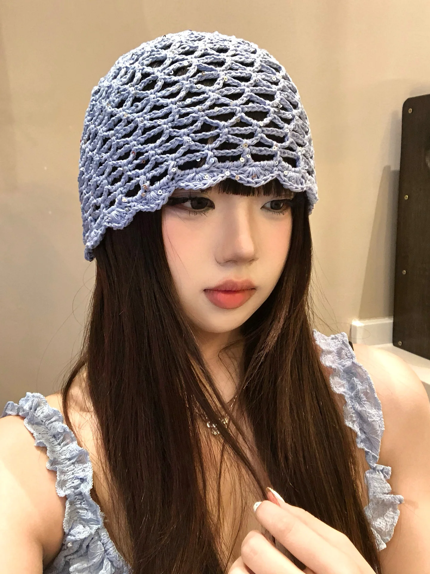 Japanese Style Hollow out Sequin Knitted Overhead Hat Women's Spring Summer Travel Photography Fashion Trend Head Cover Cap