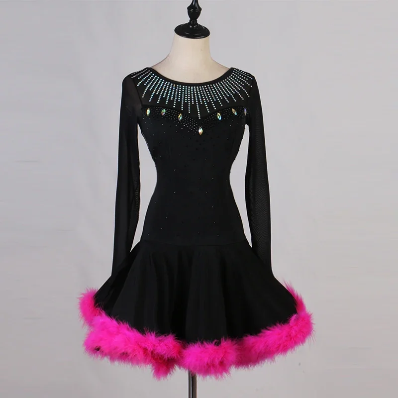 

New Latin Performance Dance Dress for Women Feather Latin Long Sleeves Dress Girls Standard Latin Cha-cha Ballroom Waltz Dress