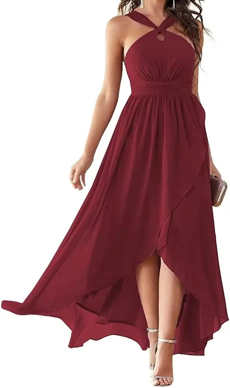 

Elegant Crossing Halter Collar Formal Occasion Dress Solid Slim Waist Vestidos De Noche Temperament Chiffon Bridesmaid Dress