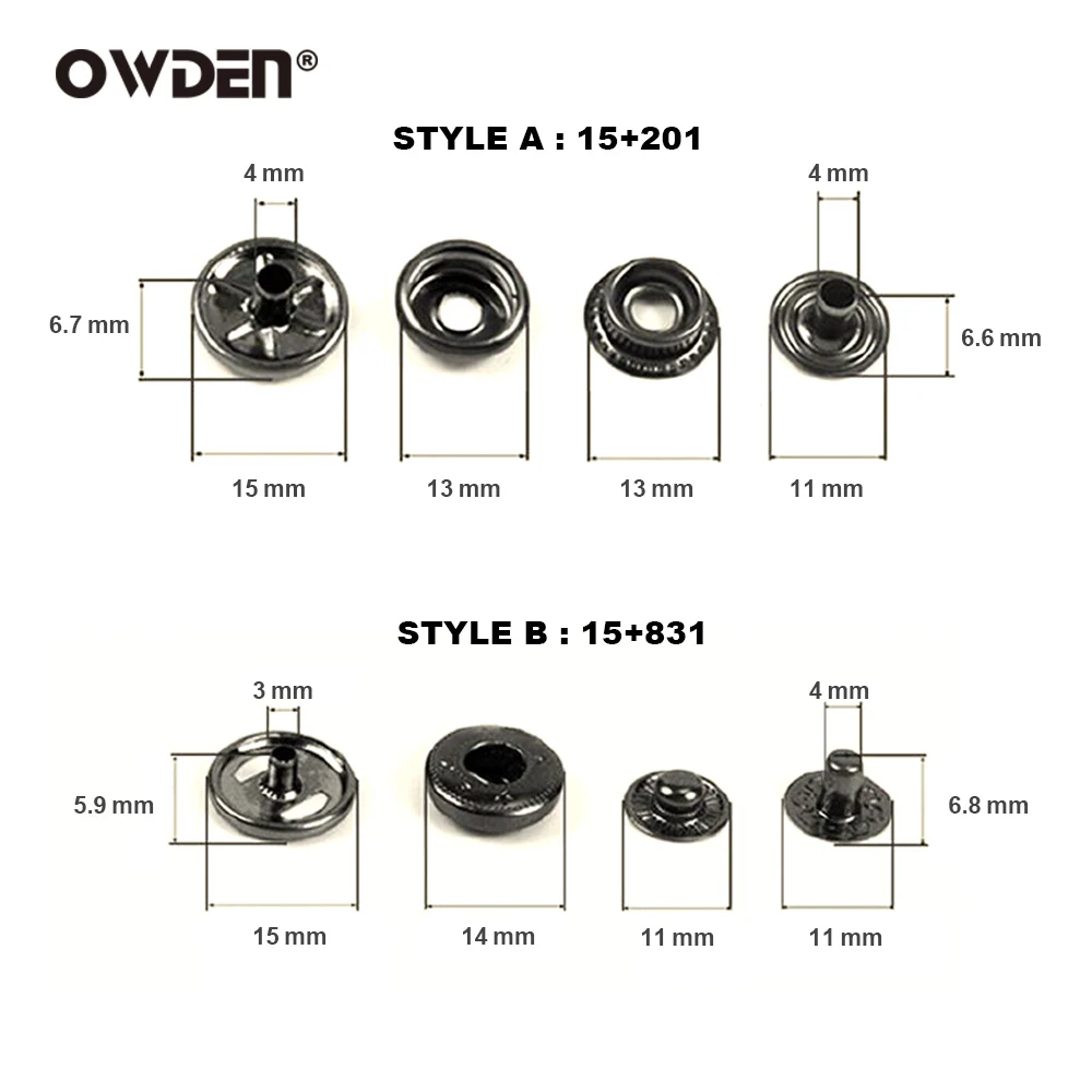 OWDEN 100set 15mm Solid Brass Snap Fasteners Metal Snaps Button Press Studs DIY Leather Craft Tools Sewing Accessories