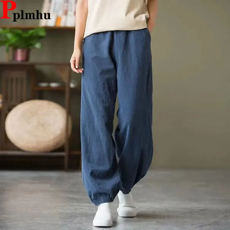 

Cotton Linen Casual Jogger Pants Summer Harem Sweatpant Women Ankle Length Vintage Baggy Pantalones Elastic High Waist Spodnie