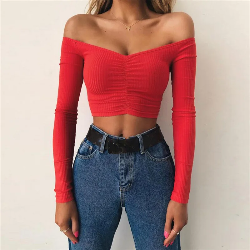 Off Shoulder Crop Top Women Summer Long Sleeve T Shirt V Neck tshirt Elegant Party Club Tee Shirt Femme Dames Streetwear