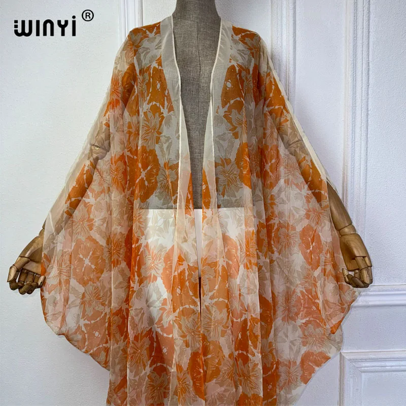 WINYI print kimono Bikini Cover-ups boho maxi dress Perspective sexy loose Holiday beach outfits for women free size Cardigan