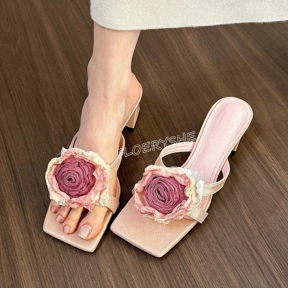 

Flower High Heel Slippers Leather Summer Outside Shoes Women Party Dress Stilettos Square Open Toe Pink Color Large Size