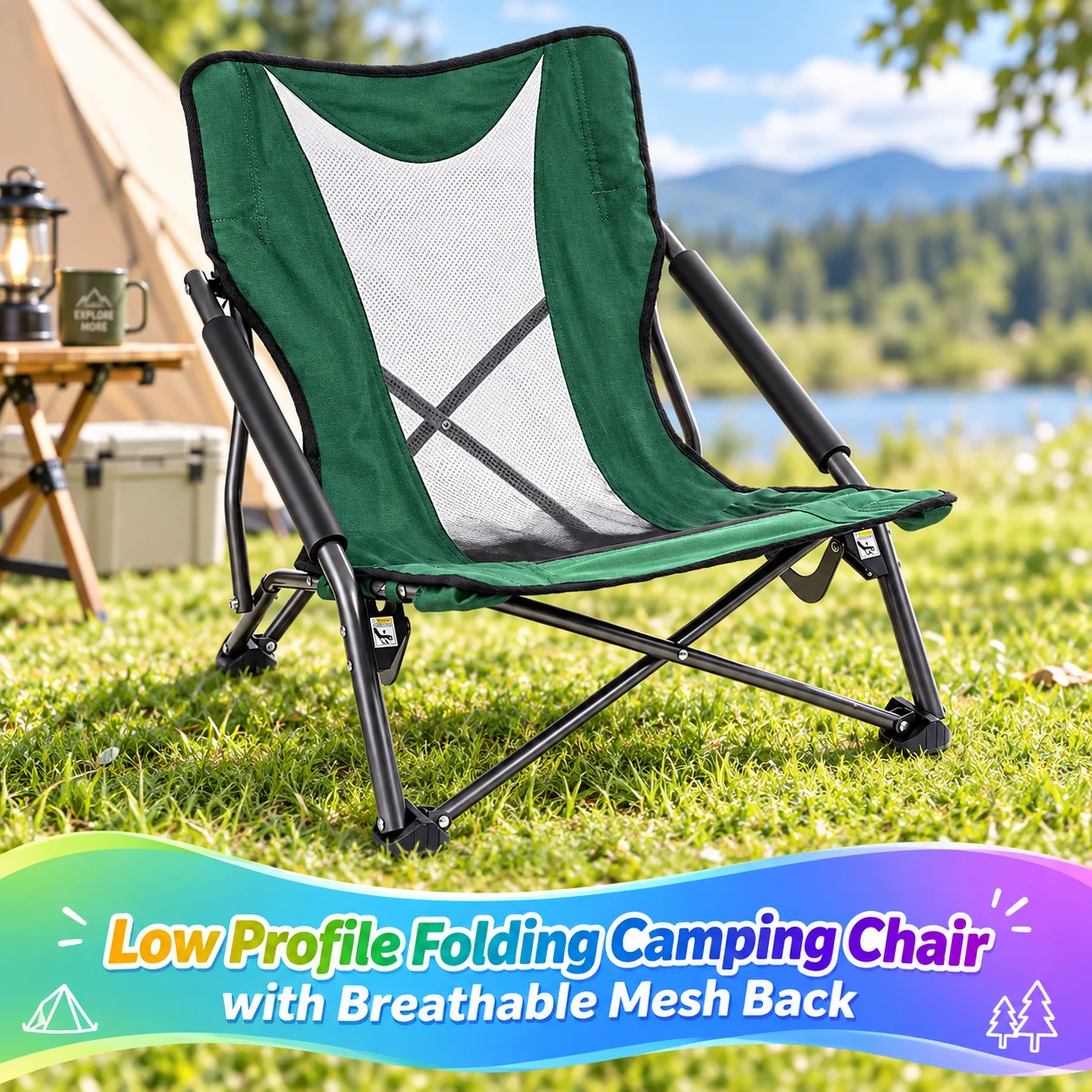 Low Profile Folding Camp Chair, Green, Breathable Mesh Fabric with Cushioned Armrests, Alloy Steel & Aluminum Frame, 250 lbs Capacity, Storage Bag with Shoulder Straps for Camping Beach Picnic Sporting Events