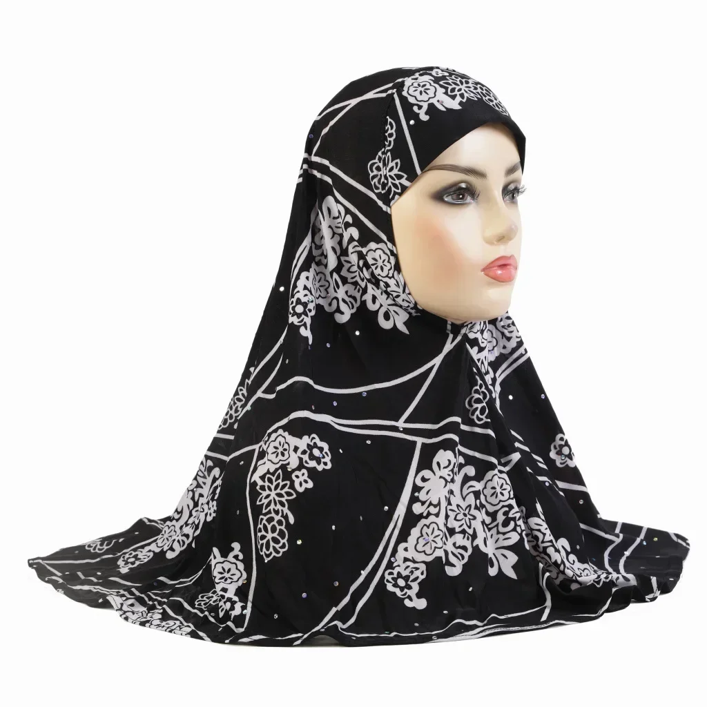 Een Stuk Amira Vrouwen Moslim Print Hijab Tulband Islamitische Gebed Hoed Hoofddoek Khimar Pull Op Sjaal Instant Head Wraps Cap 65*60 cm